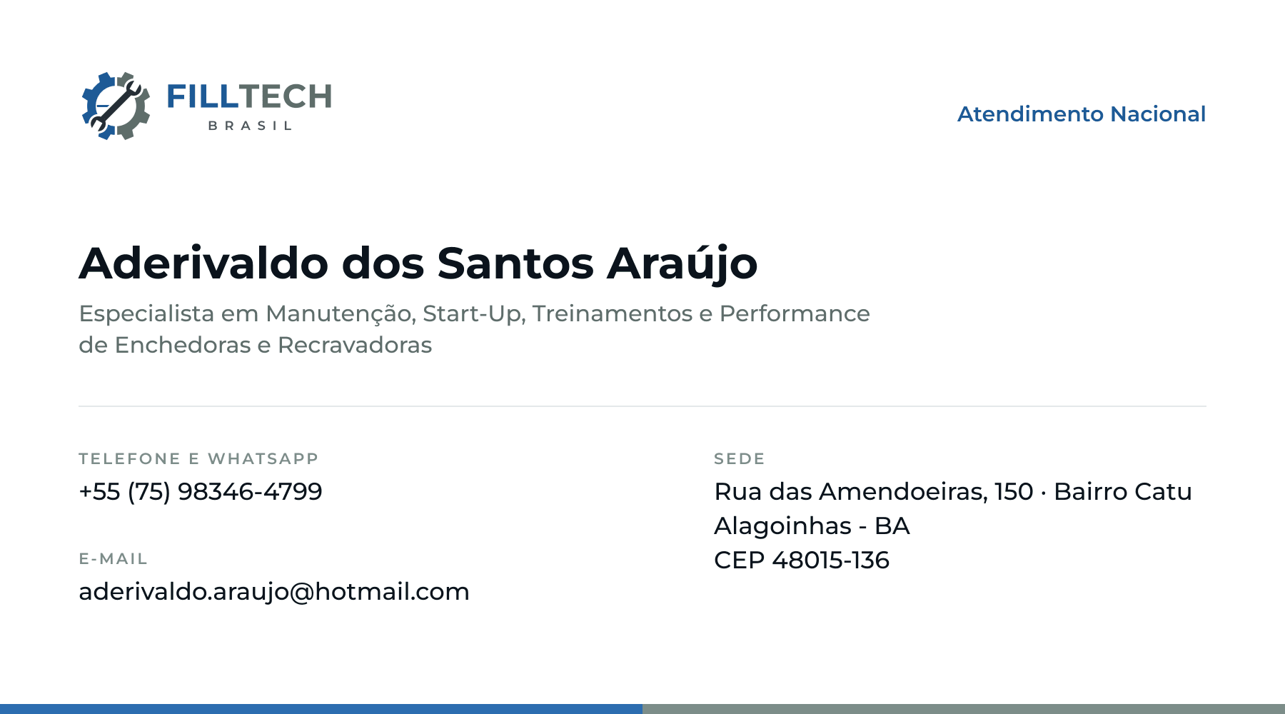 Verso do cartão de visita com os contatos de Aderivaldo dos Santos Araújo